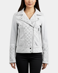 Women Leather Biker Jacket with Quilt Detail Vintage Astral White