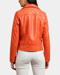 Women Leather Biker Jacket with Quilt Detail Blissful Orange