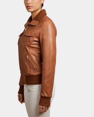 Women Leather Classic Bomber Jacket Motto Dynamo Tan