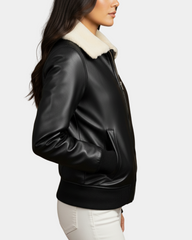 Women Leather Bomber Jacket Removable Collar Nova Black