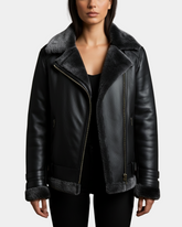 Womens Sheepskin Aviator Cross Zip Pilot Jacket Nova Black