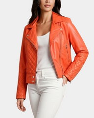 Women Leather Biker Jacket with Quilt Detail Blissful Orange