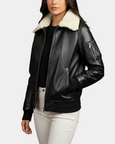 Women Leather Bomber Jacket Removable Collar Nova Black
