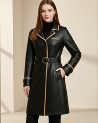Midnight Luxe ¾ Leather Coat — Noir Beige