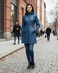 Azure Harbor Detachable-Hood Leather Coat — Azure Blue