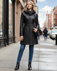 Noir Harbor Detachable-Hood Leather Coat — Black