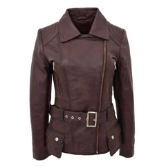 Womens Leather Hip Length Biker Jacket Celia Zenith Brown
