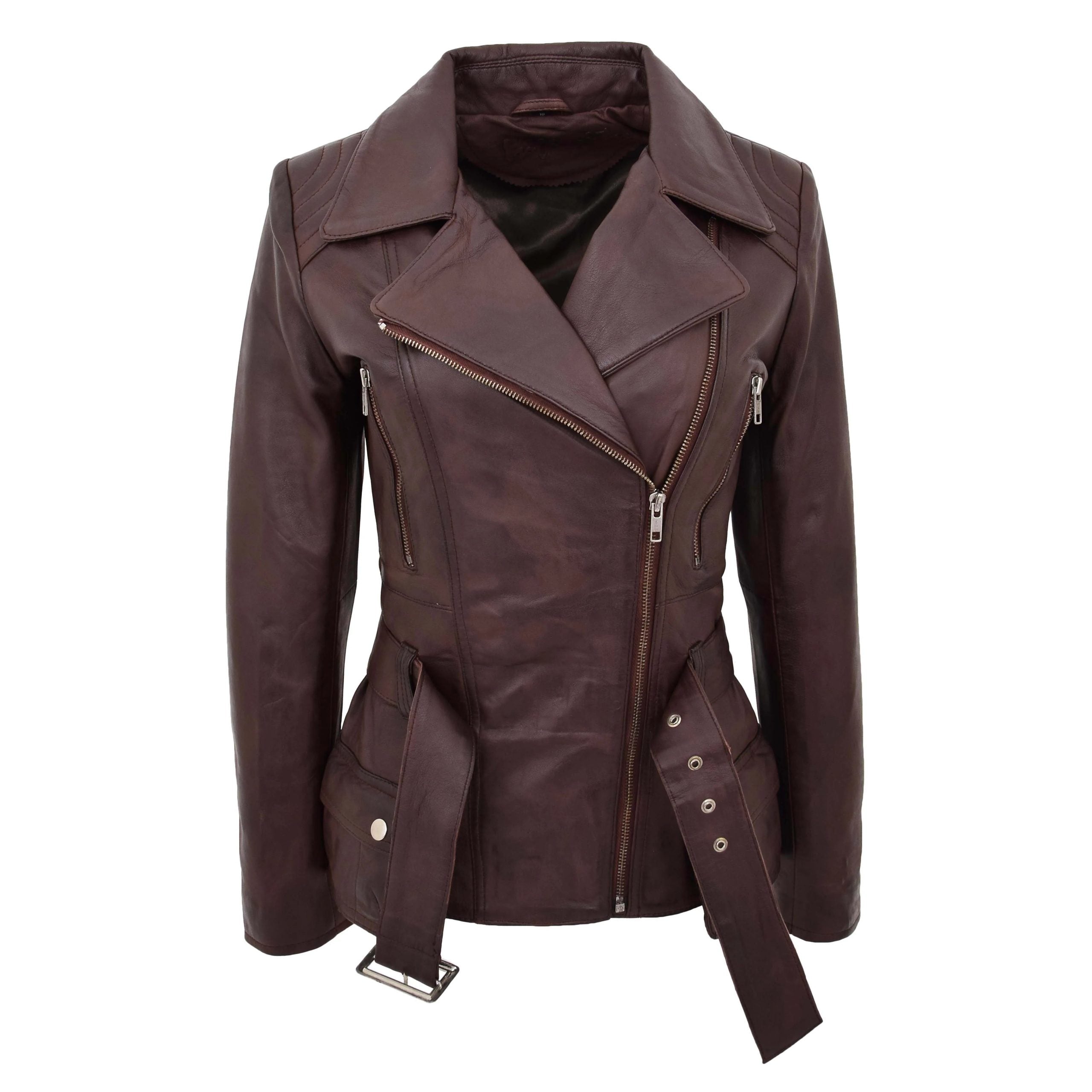Womens Leather Hip Length Biker Jacket Celia Zenith Brown