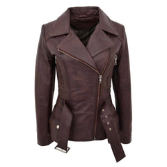 Womens Leather Hip Length Biker Jacket Celia Zenith Brown