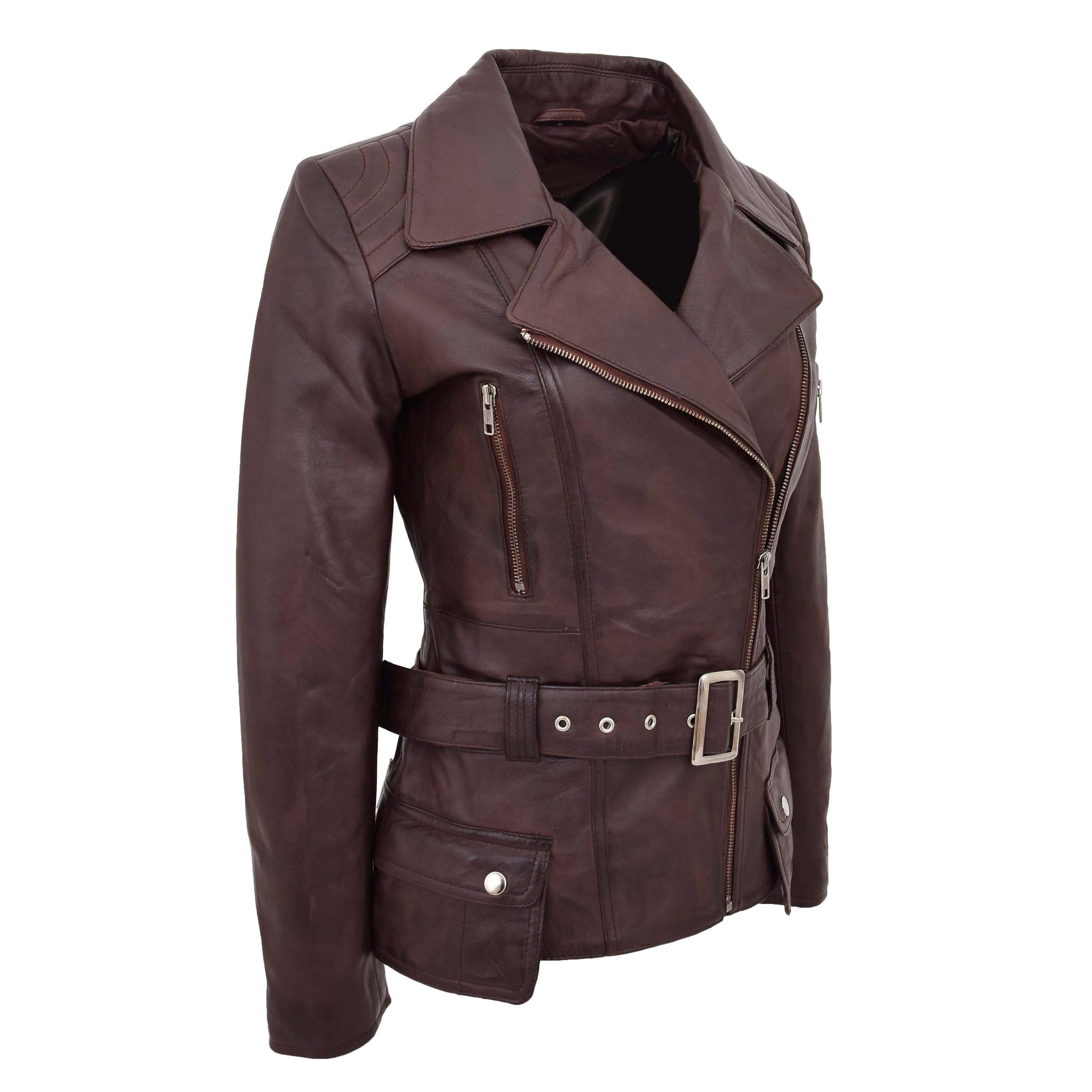 Womens Leather Hip Length Biker Jacket Celia Zenith Brown
