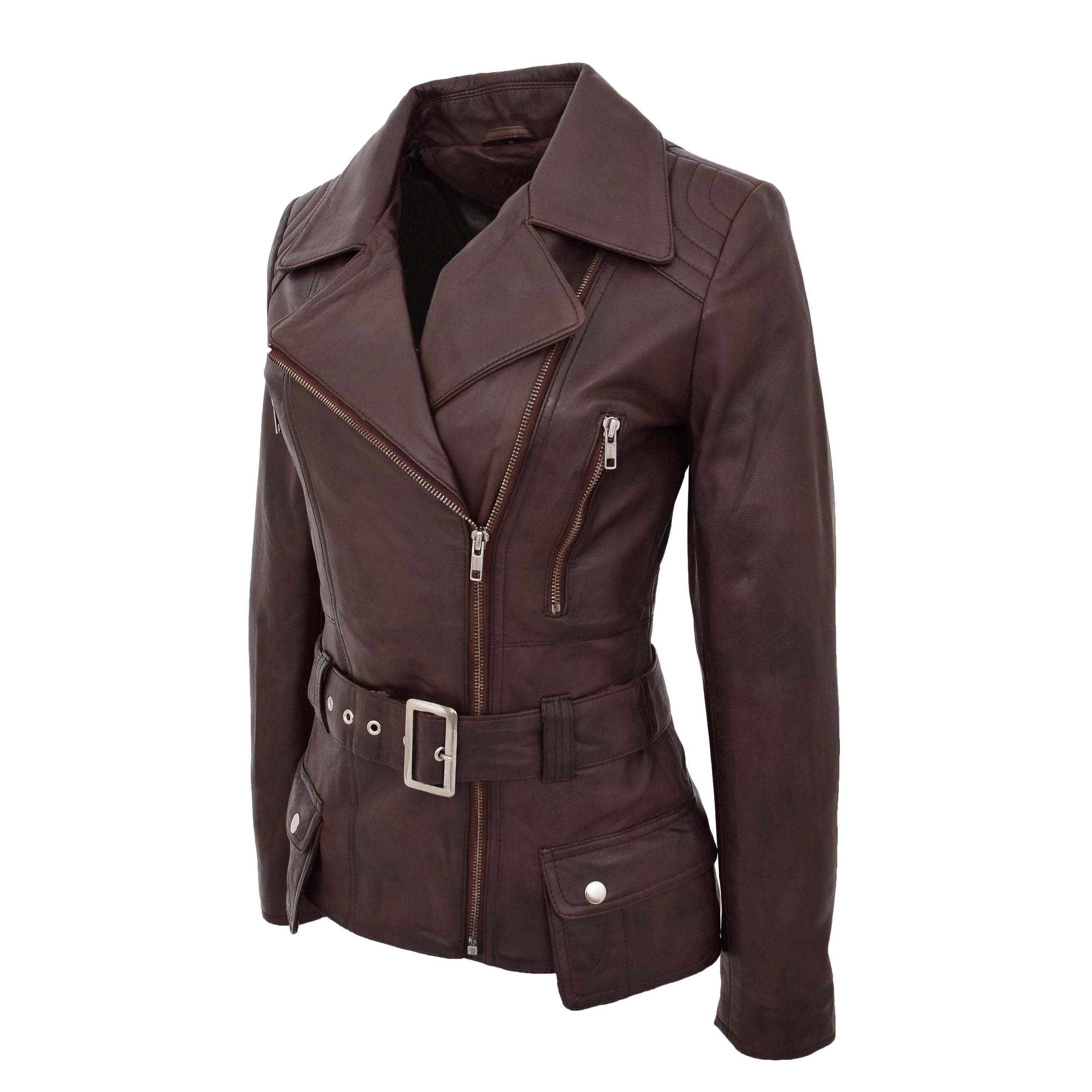 Womens Leather Hip Length Biker Jacket Celia Zenith Brown