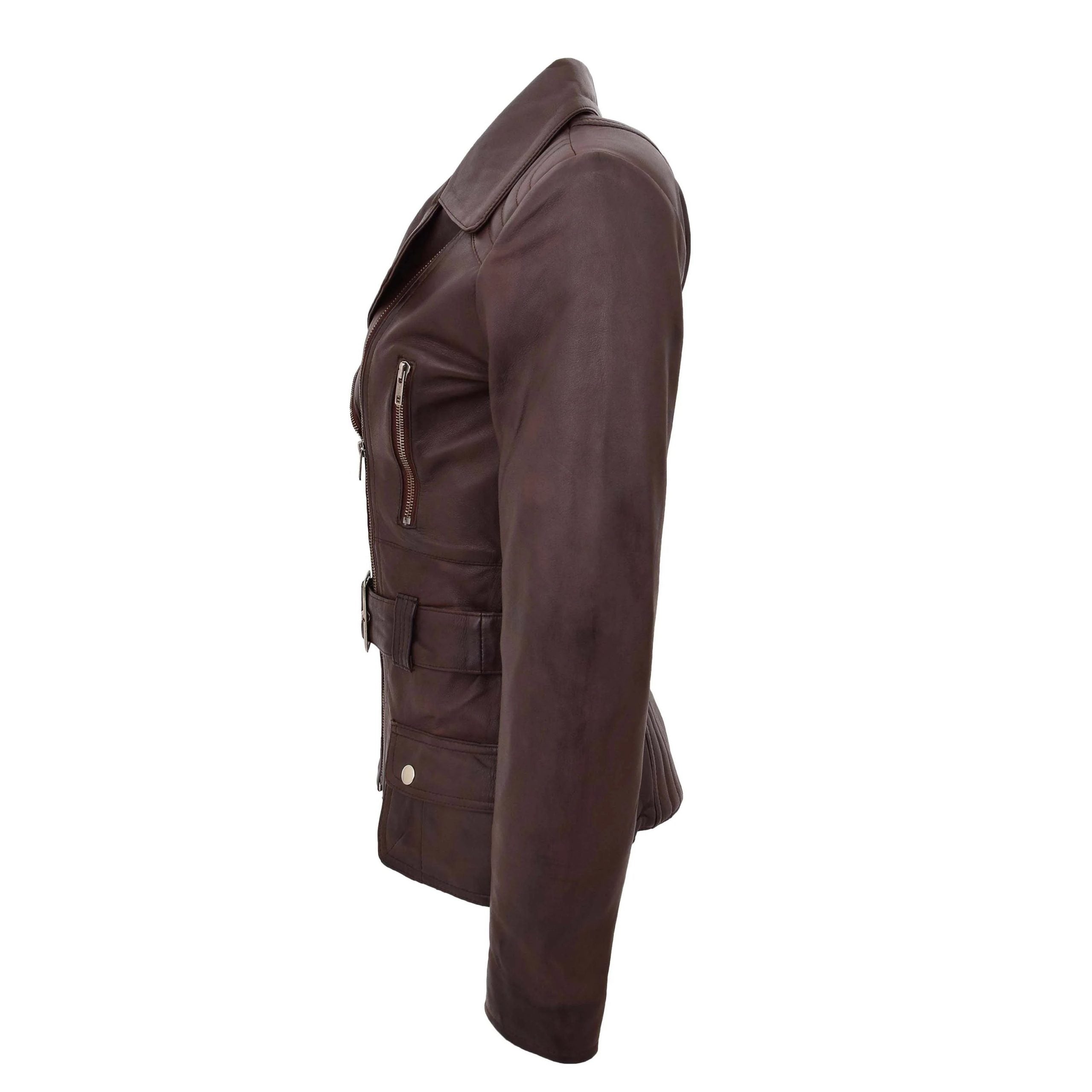 Womens Leather Hip Length Biker Jacket Celia Zenith Brown