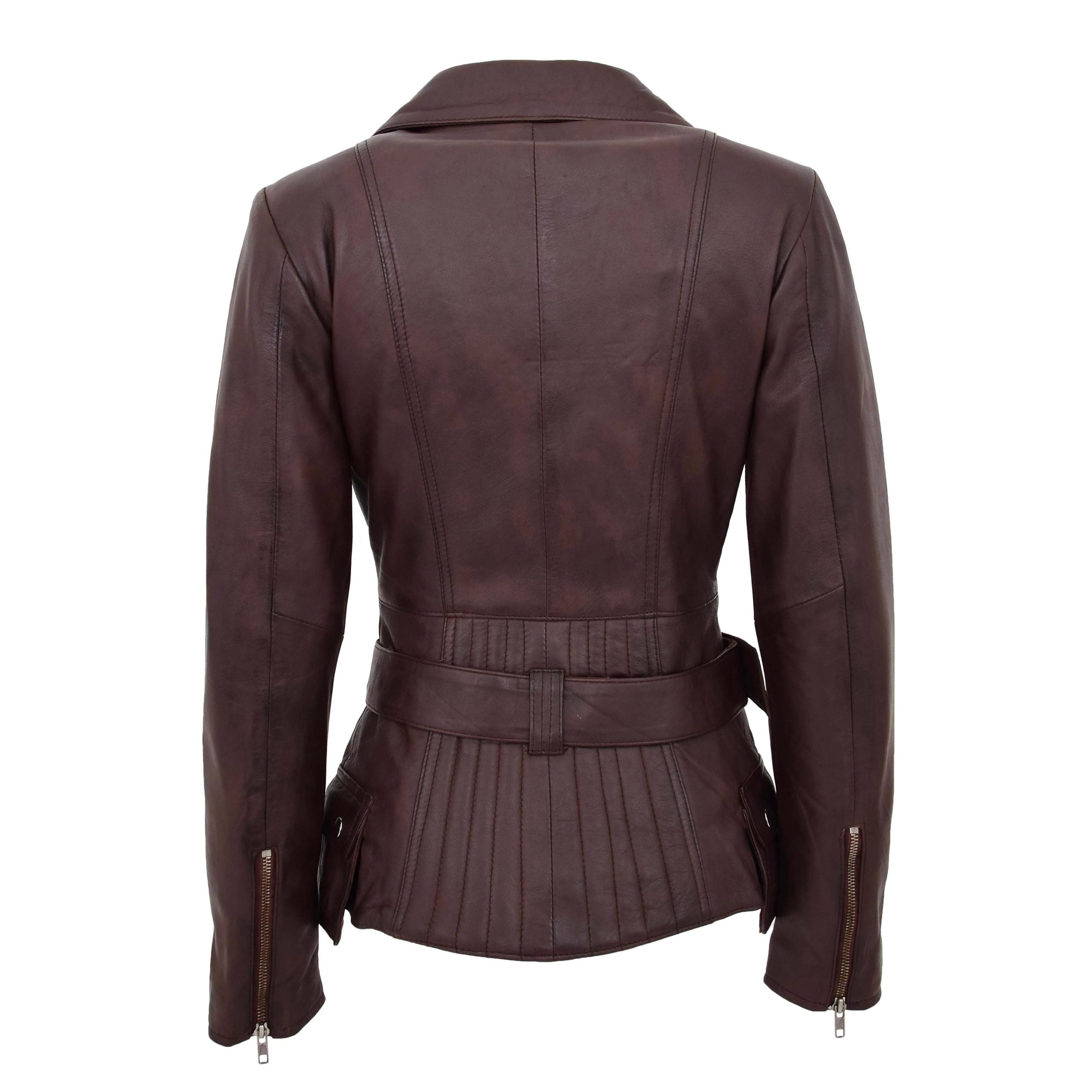 Womens Leather Hip Length Biker Jacket Celia Zenith Brown