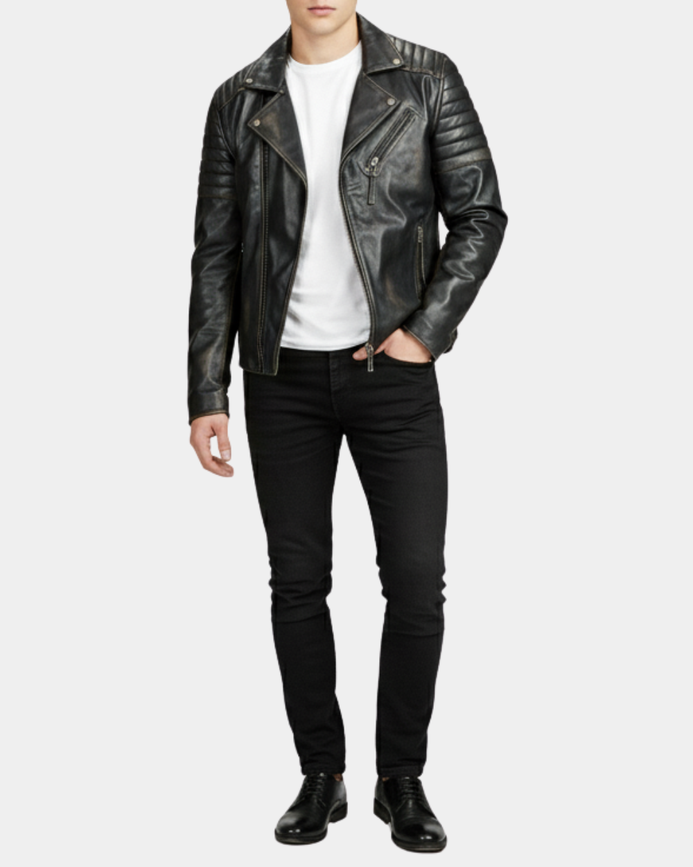 Mens Biker Leather Jacket Dual Zip Hook Paradox Rub Off