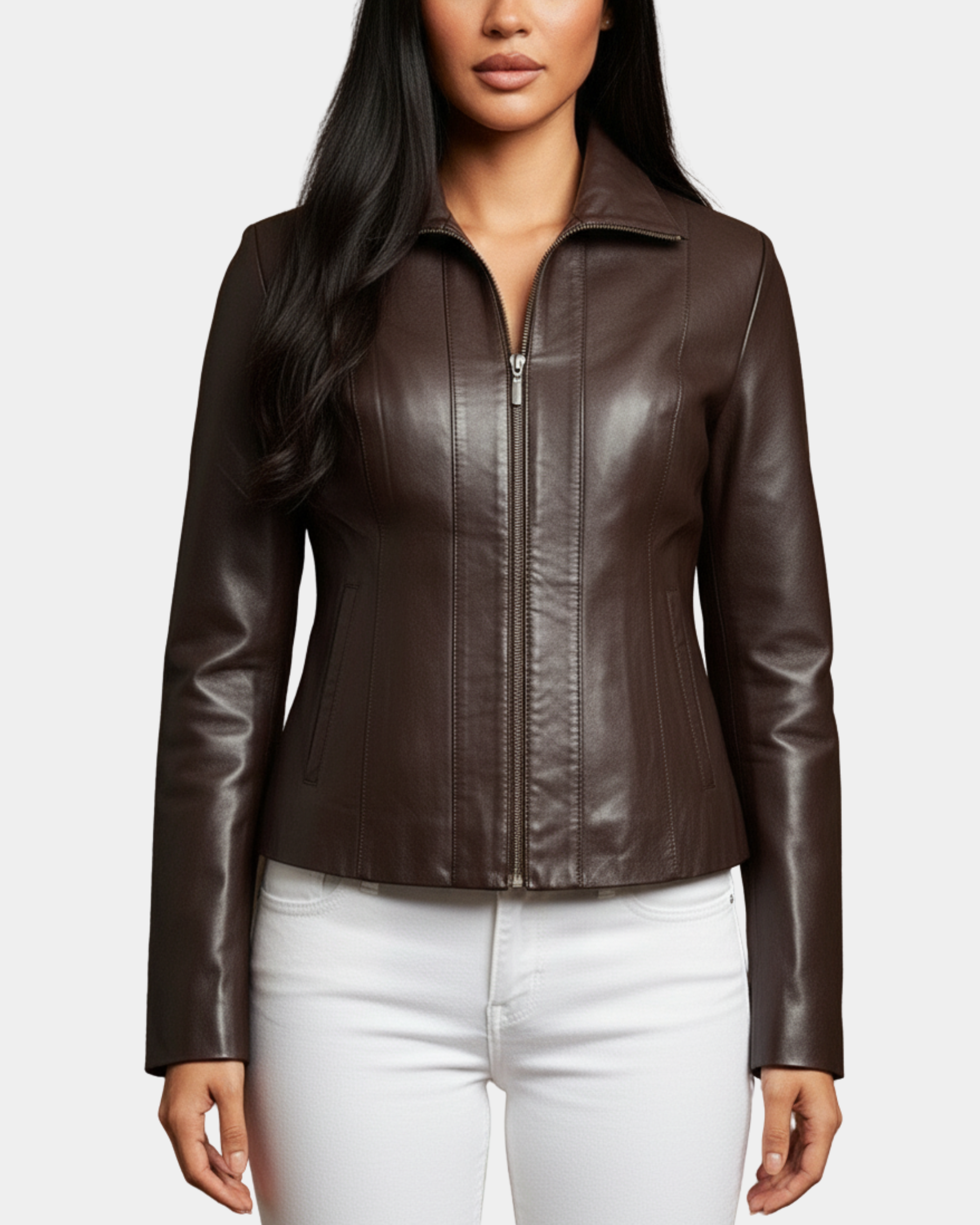 Women Classic Zip Fastening Leather Jacket Julia Zenith Brown