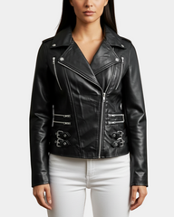 Women Cross Zip Biker Leather Jacket Cara Nova Black