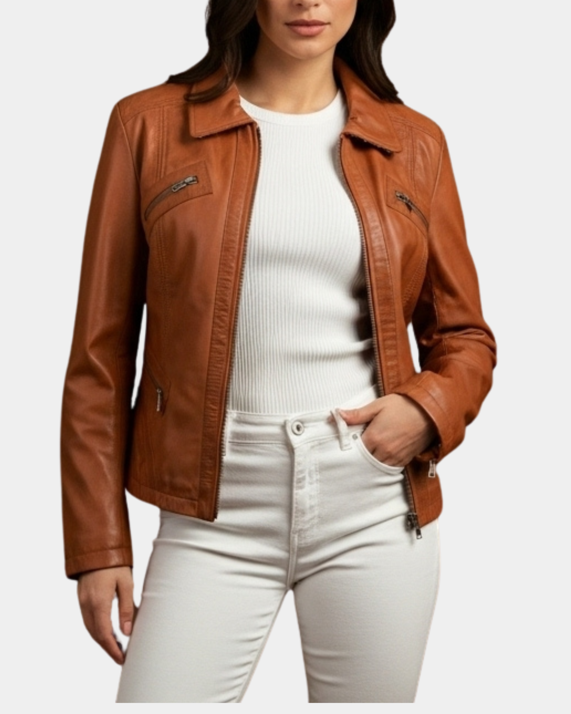 Womens Classic Leather Biker Zip Box Jacket Dynamo Tan