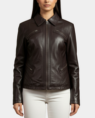 Womens Classic Leather Biker Zip Box Jacket Zenith Brown