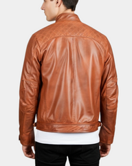 Mens Biker Leather Jacket Standing Collar Bowie Dynamo Tan