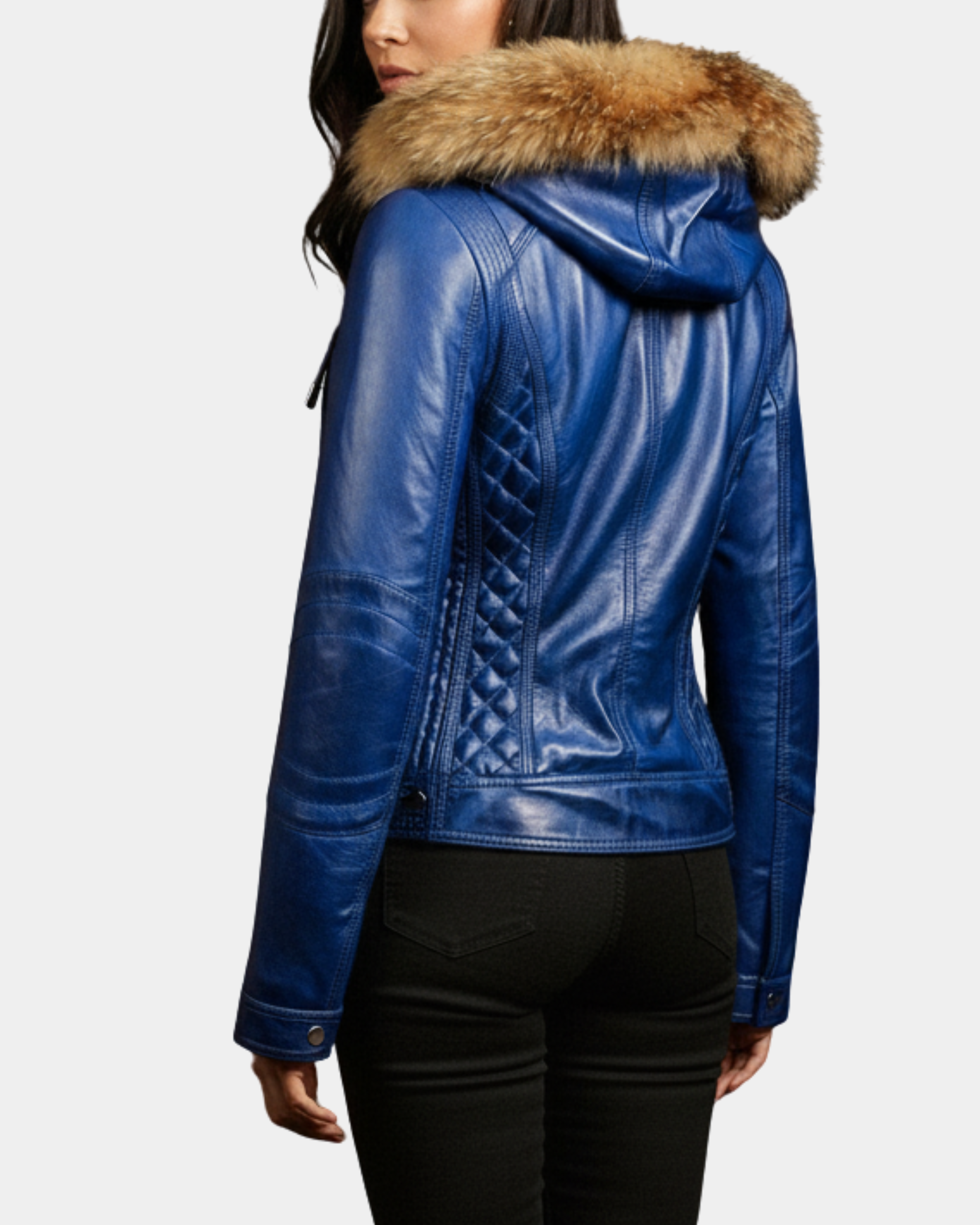 Women Detachable Hoodie Biker Leather Jacket Lily Radiant Blue
