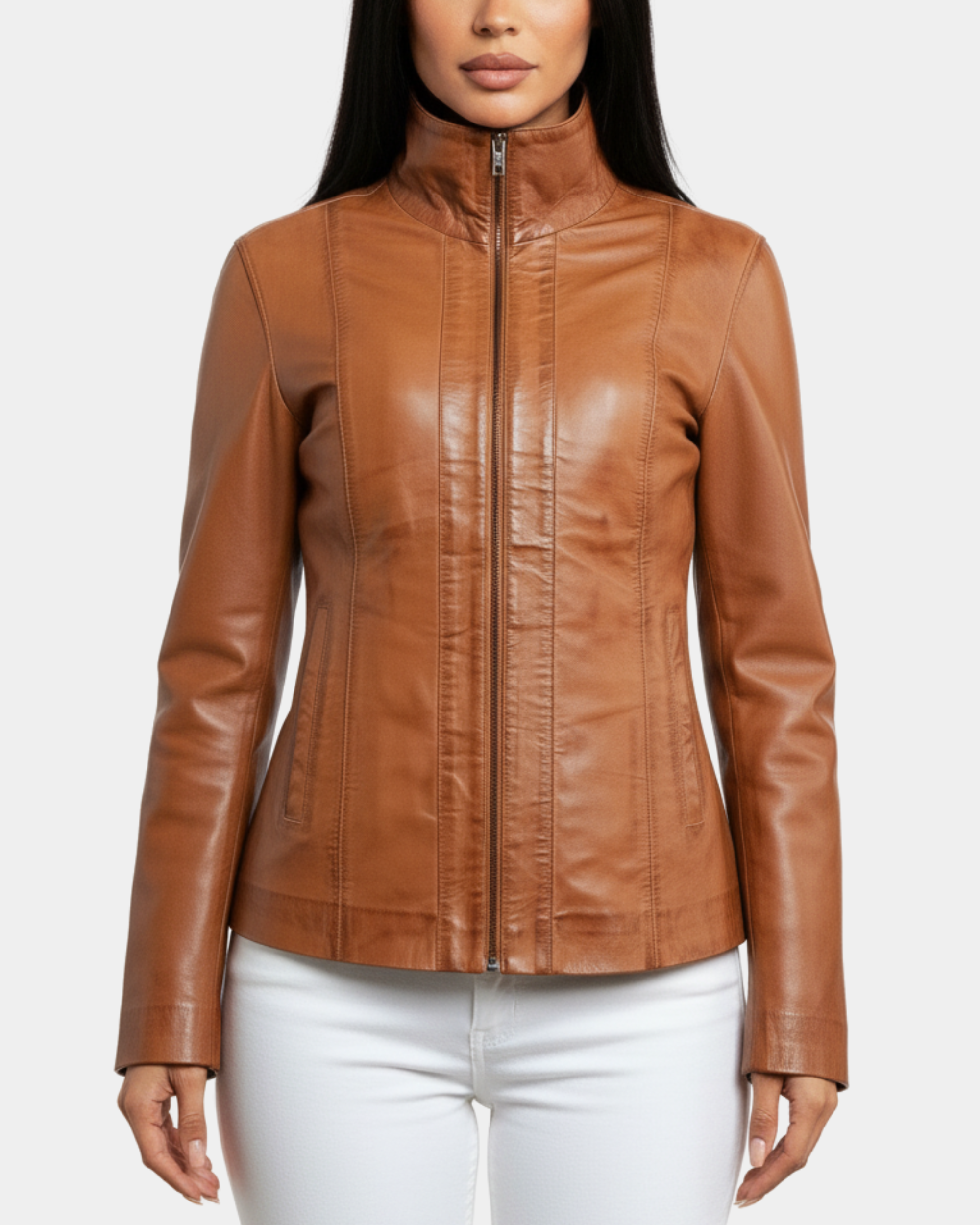 Womens Classic Zip Fastening Leather Jacket Julia Dynamo Tan