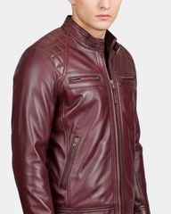 Mens Biker Leather Jacket Standing Collar Infinite Burgundy