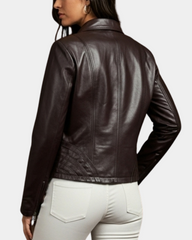 Womens Classic Leather Biker Zip Box Jacket Zenith Brown