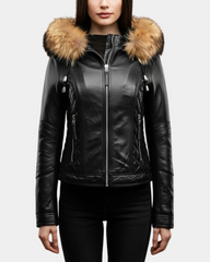 Women Detachable Hoodie Biker Leather Jacket Lily Nova Black