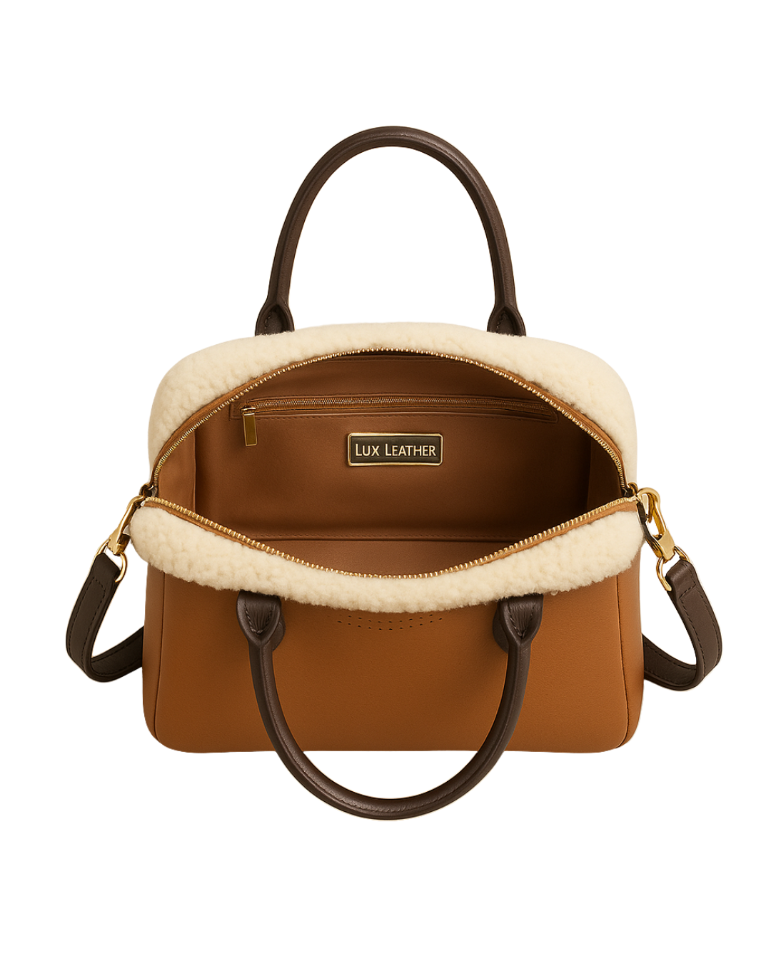 Winter Cloud Tote – Caramel Fur-Trimmed Leather  |  Lux Leather Women Leather Bag