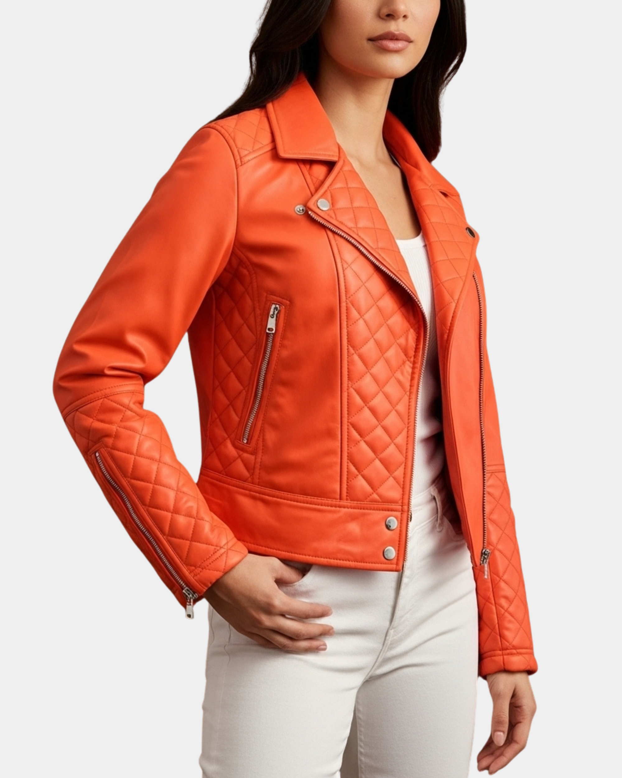 Women Leather Biker Jacket with Quilt Detail Blissful Orange