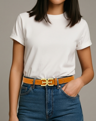The Verona Women’s Leather Belt — Classic Caramel with Signature Double-Link Gold Buckle