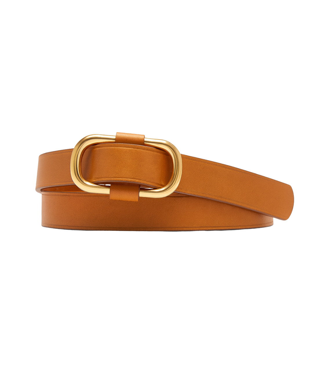 The Aurora Women’s Leather Belt — Caramel Elegance with Sculpted Gold Oval Buckle