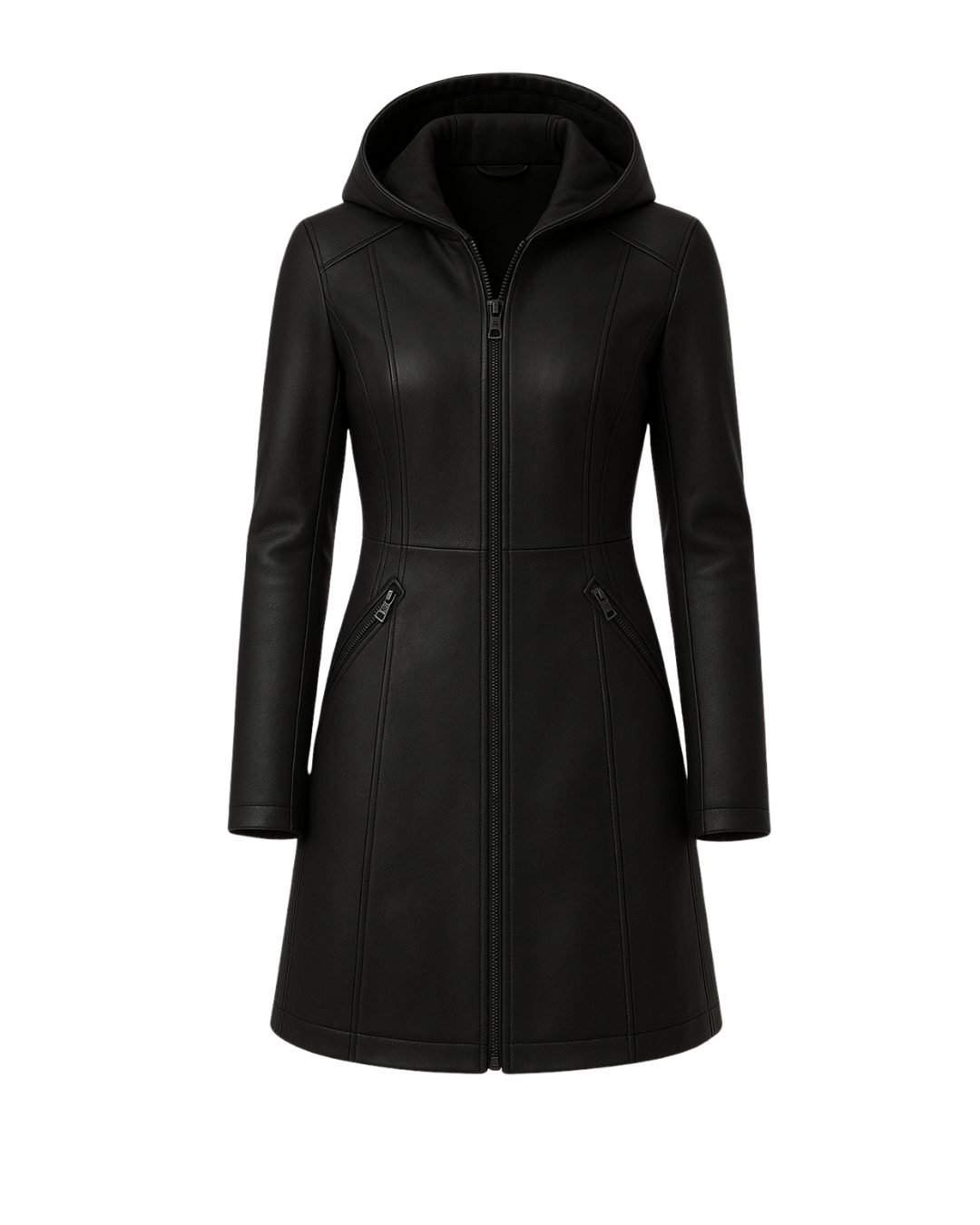 Noir Harbor Detachable-Hood Leather Coat — Black