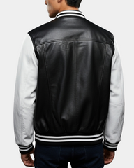 Mens Leather College Boy Varsity Jacket Garry Black Astral White
