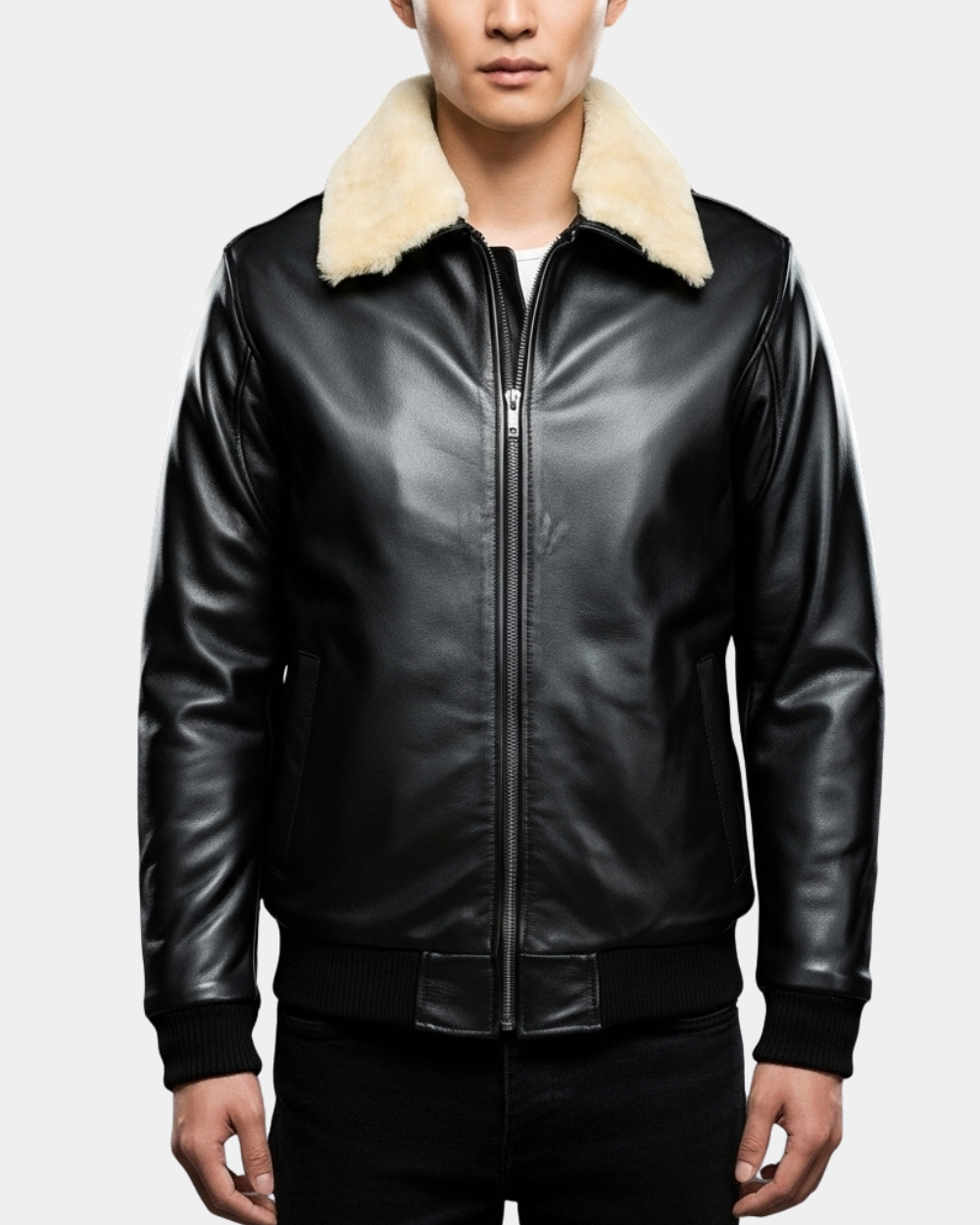 Mens Bomber Leather Jacket with Sheepskin Collar Viggo Nova Black