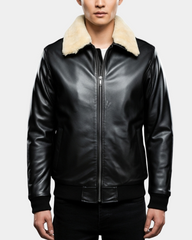 Mens Bomber Leather Jacket with Sheepskin Collar Viggo Nova Black