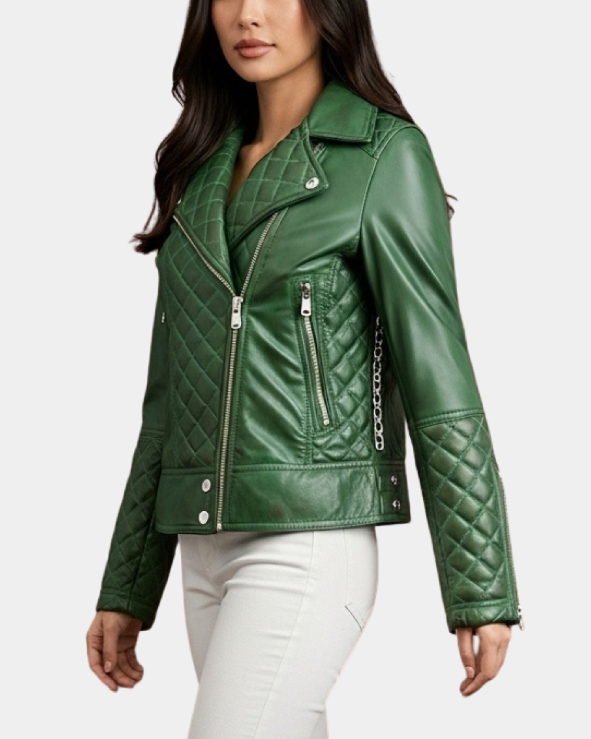 Women Leather Biker Jacket with Quilt Detail Aurora Green