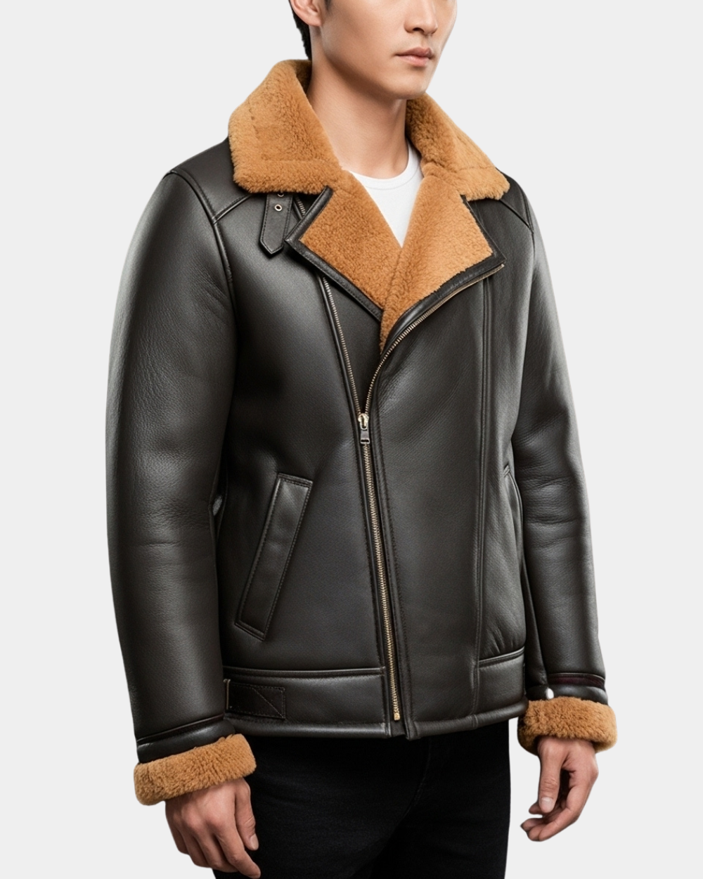 Mens Aviator Sheepskin Pilot Leather Bomber Jacket Zenith Brown Ginger