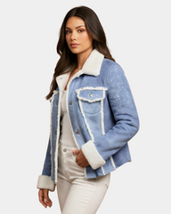 Women Real Sheepskin Trucker Jacket Kylie Denim Radiant Blue