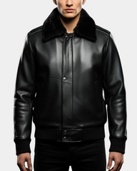 Mens Leather Bomber Pilot Jacket Removable Collar Leroy Nova Black