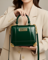 Lux Leather Aurora Gloss Patent Handbag – Dark Emerald Green with Gold Chain|  Lux Leather Women Leather Bag