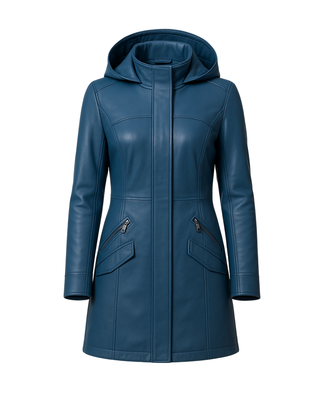 Azure Harbor Detachable-Hood Leather Coat — Azure Blue