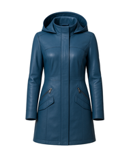 Azure Harbor Detachable-Hood Leather Coat — Azure Blue