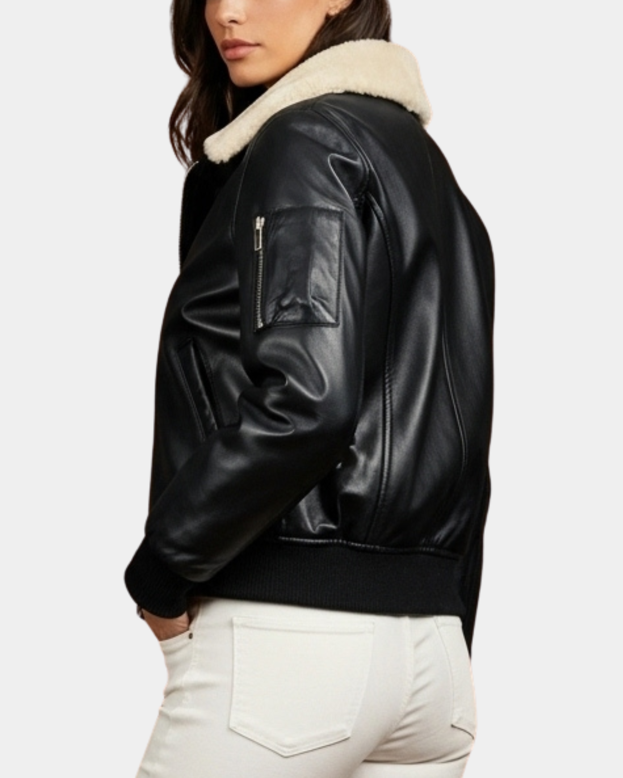 Women Leather Bomber Jacket Removable Collar Nova Black