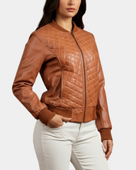 Women Leather Varsity Quilted Bomber Jacket Dynamo Tan