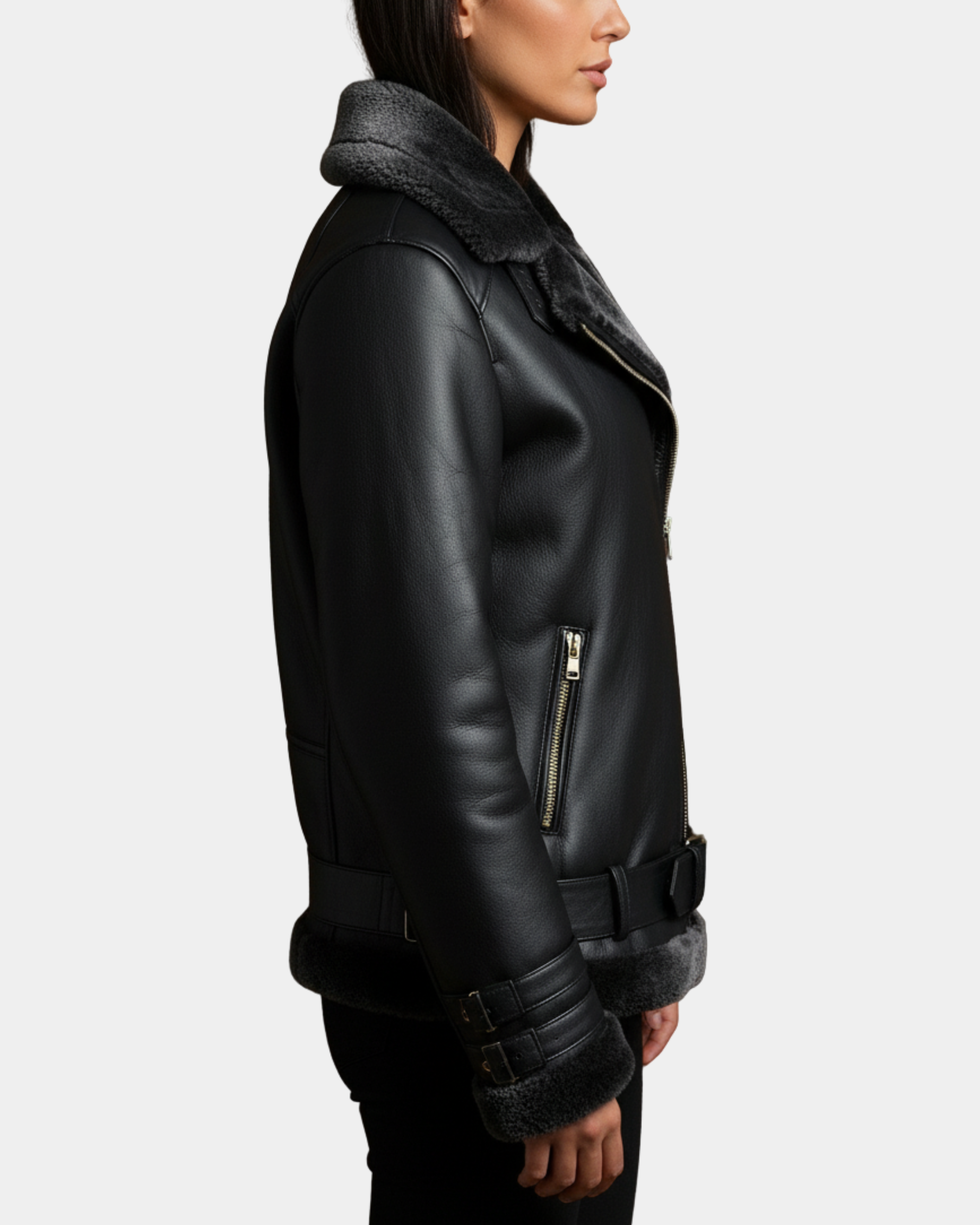 Womens Sheepskin Aviator Cross Zip Pilot Jacket Nova Black