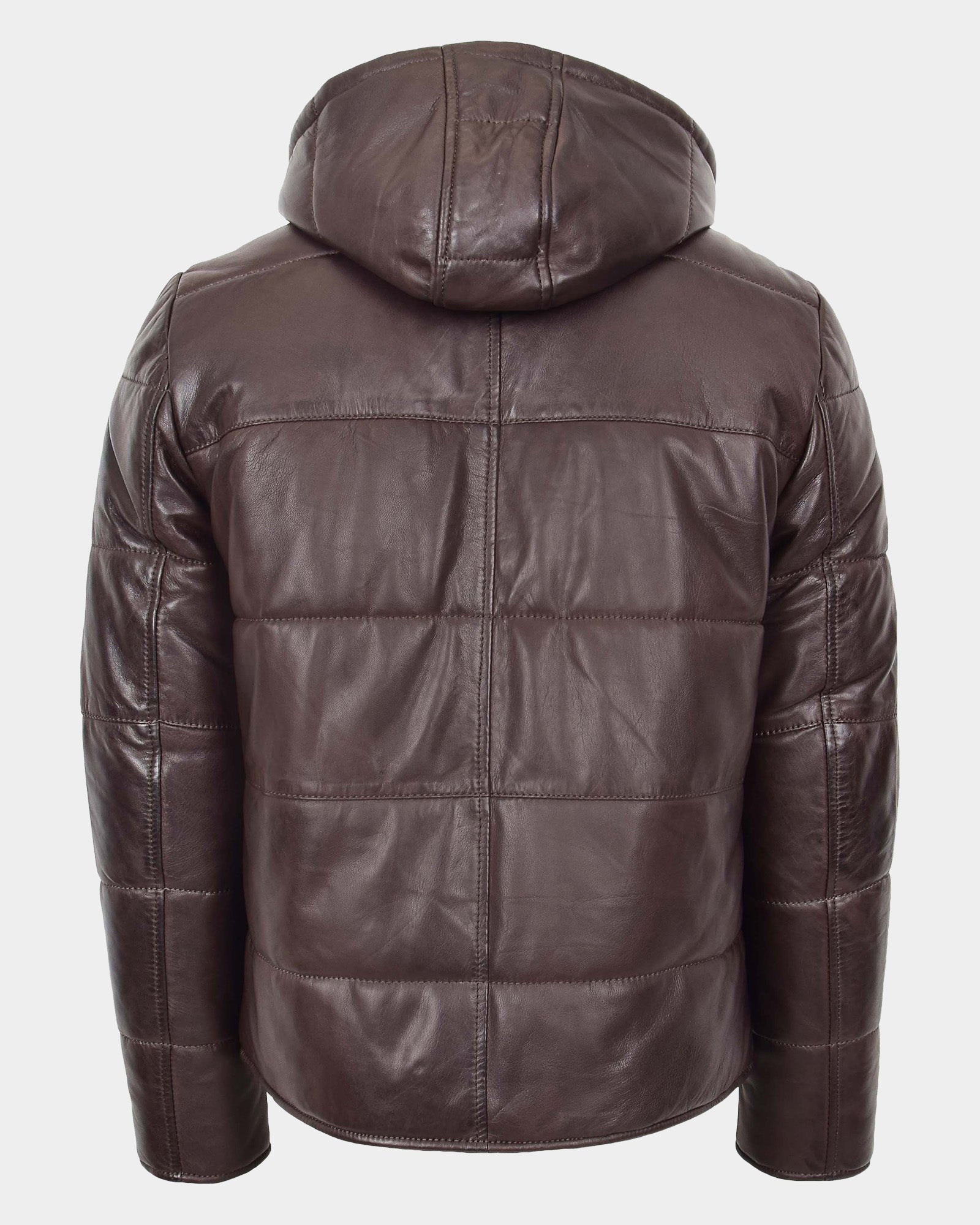 Mens Leather Hooded Puffer Jacket Zenith Brown