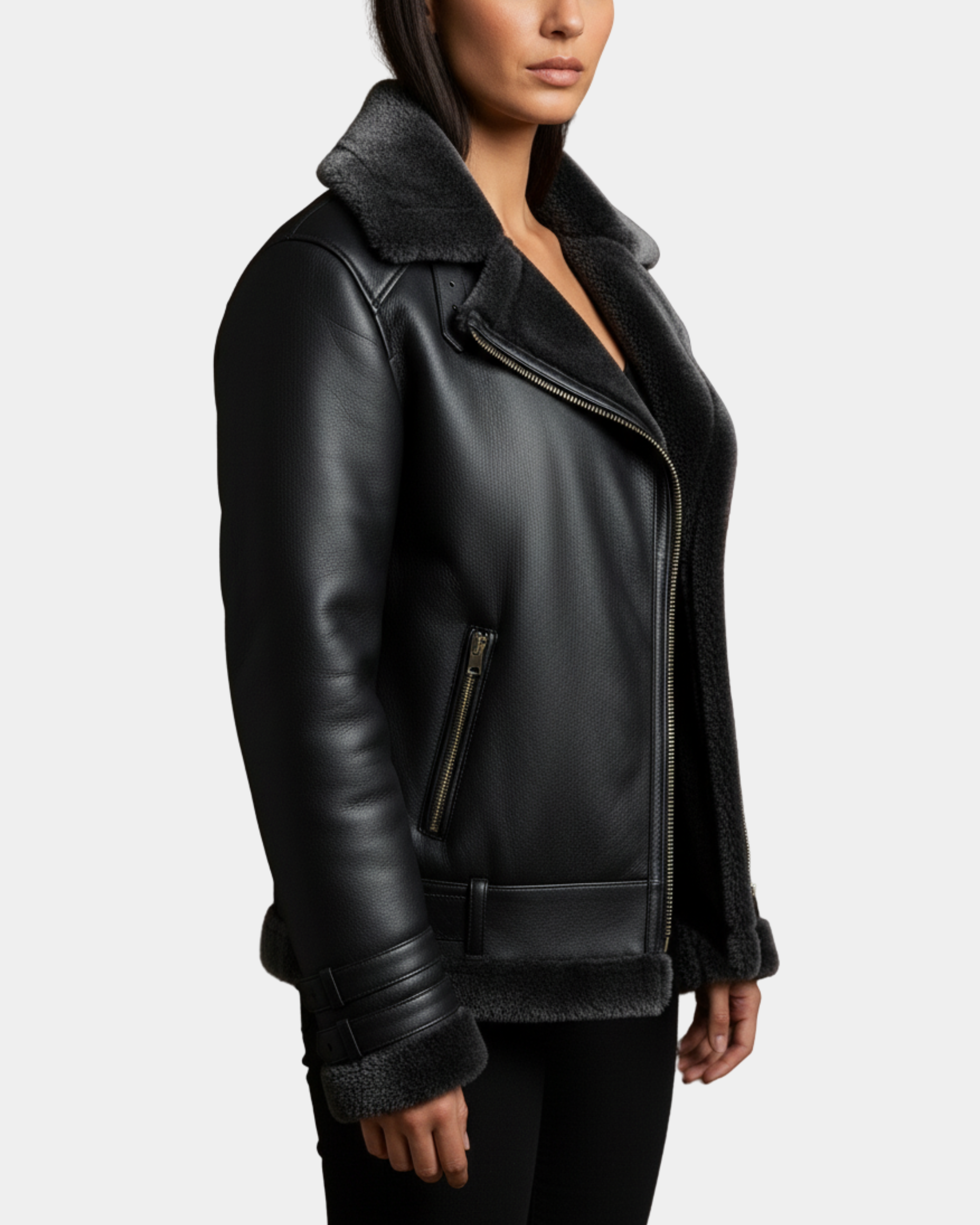 Womens Sheepskin Aviator Cross Zip Pilot Jacket Nova Black