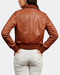 Women Leather Classic Bomber Jacket Motto Dynamo Tan