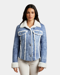 Women Real Sheepskin Trucker Jacket Kylie Denim Radiant Blue